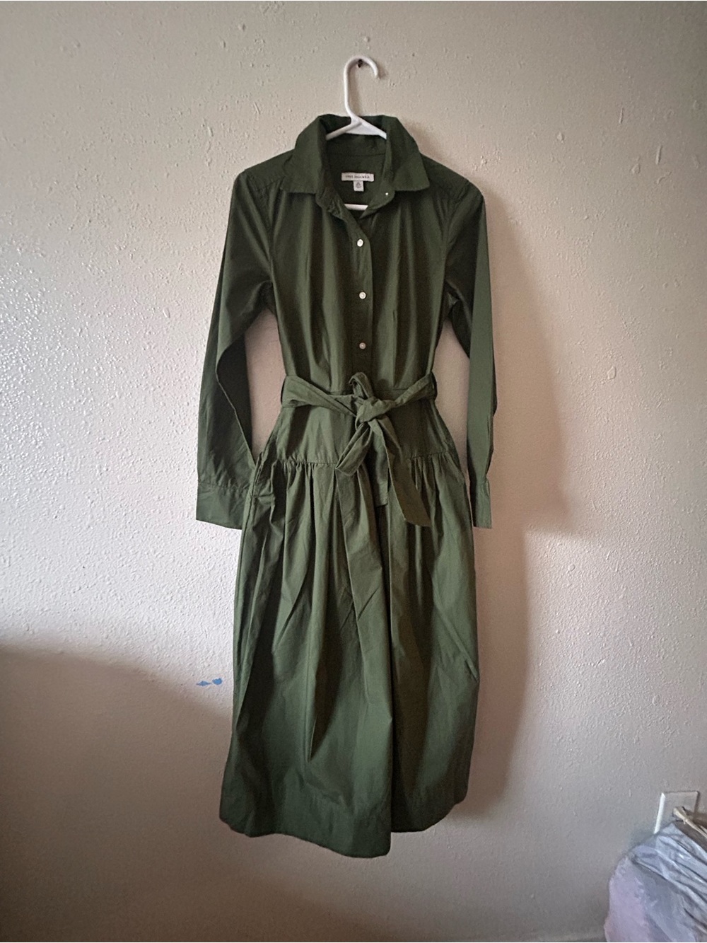 Moi Olive Green Long-Sleeve Button Front Dress with Tie Waist